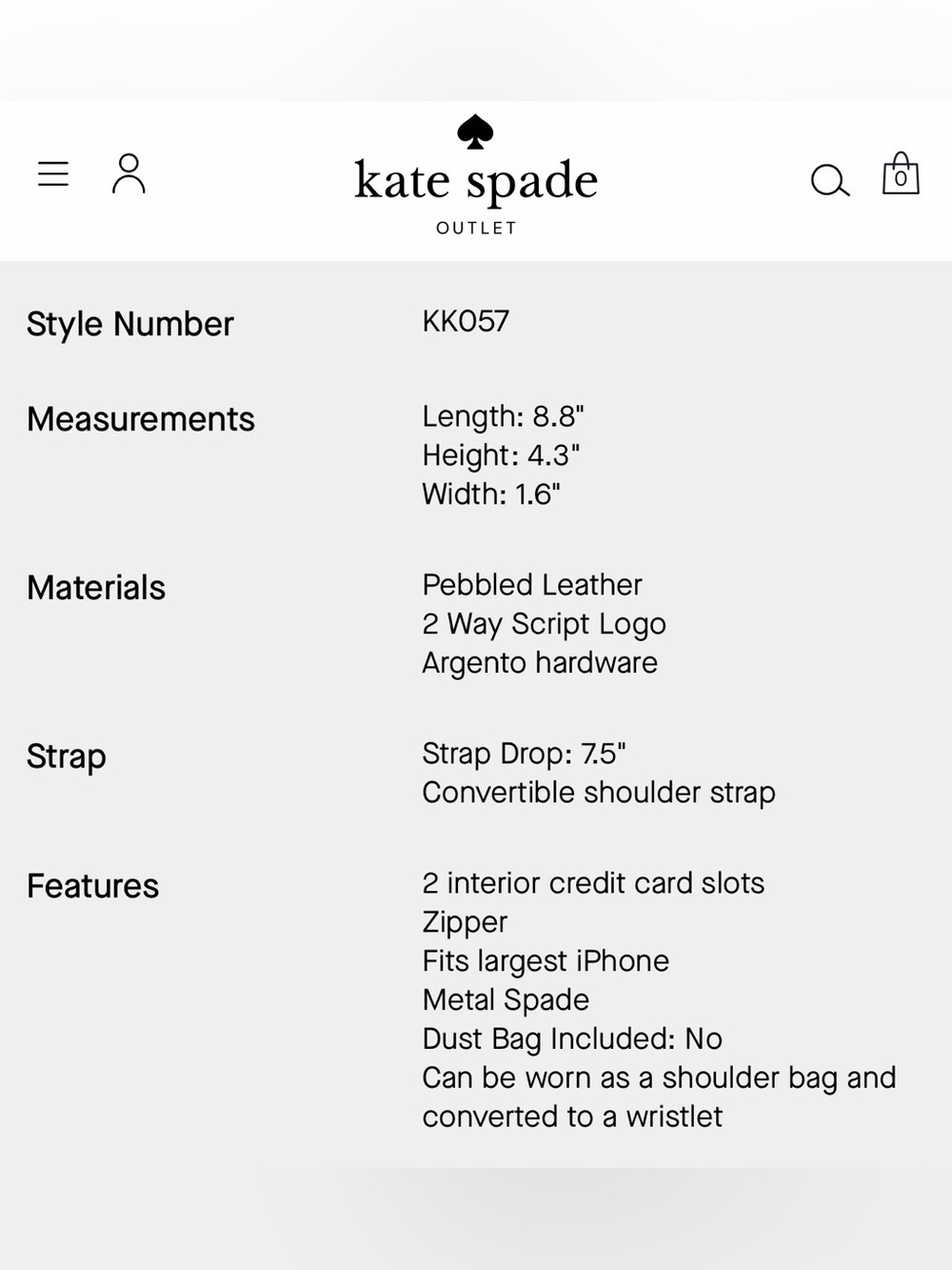 NWT kate spade Kayla Pebbled Leather Convertible Wristlet/Shoulder bag - Picture 8 of 8